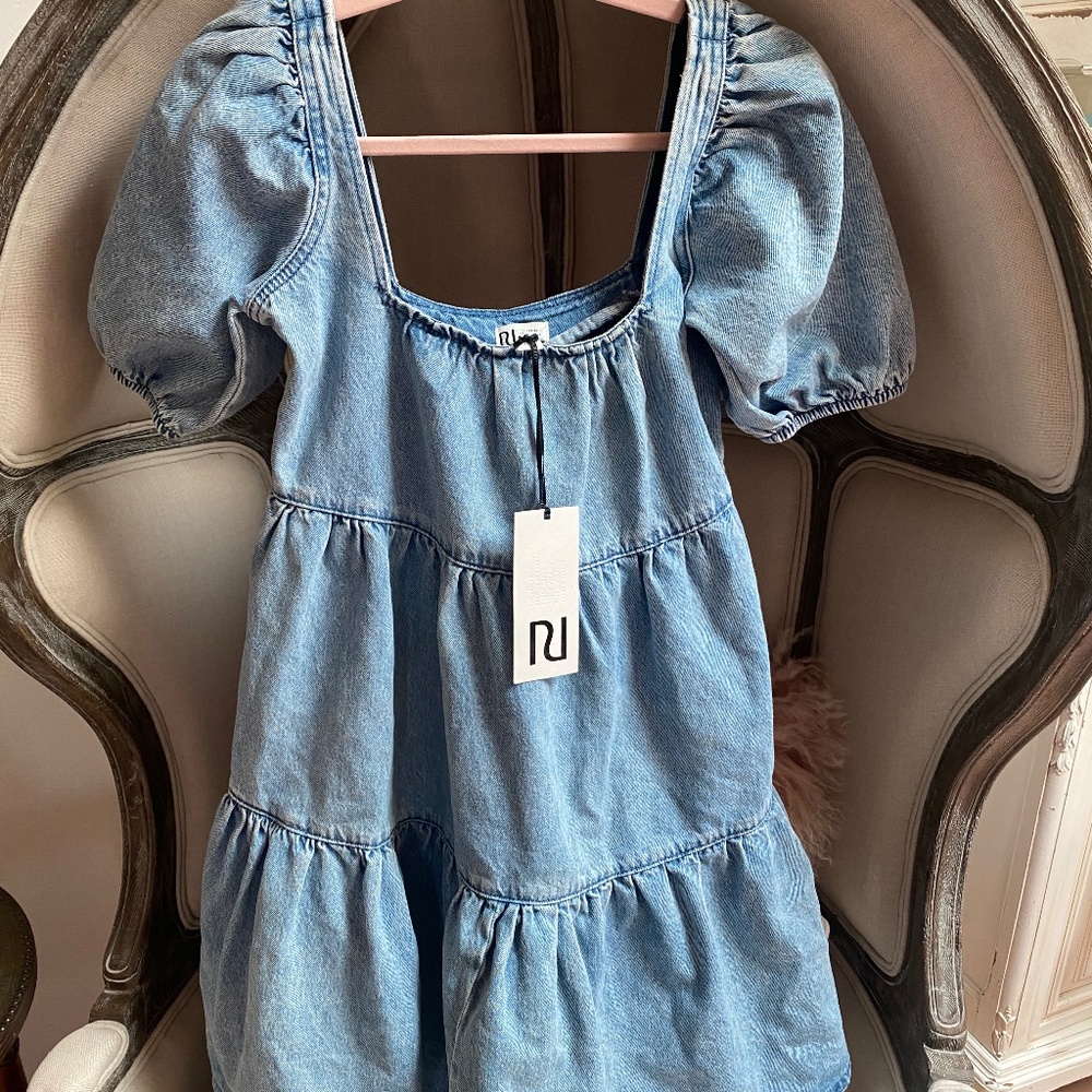 NWT River Island Pretty Roman Tiered Puff Denim Dress Size XS & Small Blue